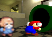 Old Man forces Mario to fix the pipe.