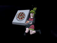 Melony open her pizza to eat.