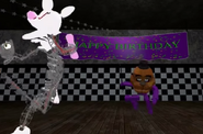 Purple Guy uses a Freddy Fazbear mask to scare off Mangle.