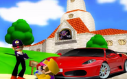 Waluigi proud he got a car (from The Wacky Wario Bros.: The Welcome Invitation)