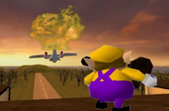 Wario shoots down Waluigi's plane.