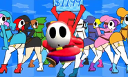 Shy Guy dancing with sexy Shy Guy girls.