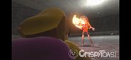 From Crispy Toast: Meggy beats up Wario with the help of the fire flower power-up.