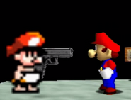 The Monster disguised as Baby Mario attacking Mario.