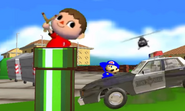 The Villager escaping the cops through a Warp Pipe.