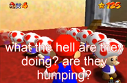 Several Toads lined up in Peach's Castle, from Super Mario 64 Bloopers: A Random Day.