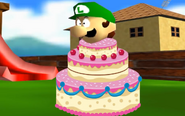 Mario turns Luigi into a cake