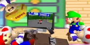 Mario and friends playing Mario Kart.