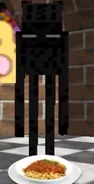 An Enderman looking at a bowl of spaghetti.
