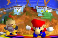 Mario and Bowser Jr. in Peach's Castle while on fire.