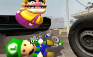 Wario running over a Luigi Doll.