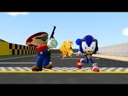 Mario shot Sonic with gun.