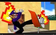 Waluigi destroys a building and mailbox