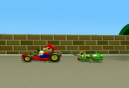 Mario dragging Yoshi with his kart.