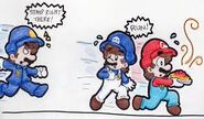 Fan art of a policeman chasing SMG4 and Mario