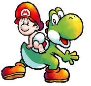 Uno Yoshi Verde con Baby Mario sulla groppa