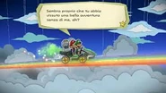 Mario, Luigi e Tinto sull'auto di Luigi di Mario Kart Wii mentre percorrono un arcobaleno