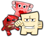 Meat Boy, Bandage Girl and Tofu Boy from PETA's parody.