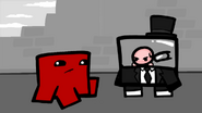 Dr. Fetus staring at Meat Boy