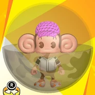 AiAi wearing a pink banana monogram cap, a white baseball uniform shirt, white low-cut high-tech sneakers, and in a khaki camo ball (front view)