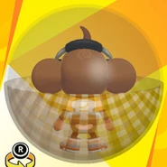 AiAi wearing black headphones, a white & yellow soccer uniform shirt, white high-cut high-tech sneakers, and in a gingham check yellow ball (back view)