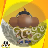 AiAi wearing yellow headphones, a yellow striped shirt, blue high-cut high-tech sneakers, and in a scroll ball (back view)
