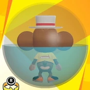 AiAi wearing a white silk hat, a yellow SMB BOX logo shirt, black low-cut low-tech sneakers, and in a blue ball (back view)