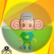 AiAi wearing a white banana cap, a black and blue bi-color banana shirt, blue low-cut low-tech sneakers, and in a green ball (front view)