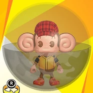 AiAi wearing a red checker cap, a yellow baseball uniform shirt, red low-cut high-tech sneakers, and in a grey camo ball (front view)