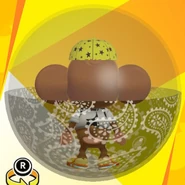 AiAi wearing a yellow star cap, a white basketball uniform shirt, yellow low-cut high-tech sneakers, and in a paisley black ball (back view)