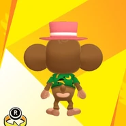 AiAi wearing a pink silk hat and a yellow and dark banana print shirt (back view)