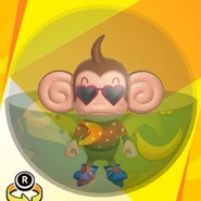 AiAi wearing E sunglasses, a red polka dot shirt, blue roller blades, and in a banana pattern ball (front view)