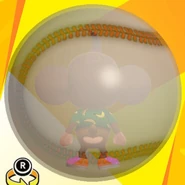 AiAi wearing H sunglasses, a banana print shirt, pink low-cut low-tech sneakers, and in a baseball ball (back view)
