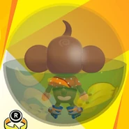 AiAi wearing E sunglasses, a red polka dot shirt, blue roller blades, and in a banana pattern ball (back view)