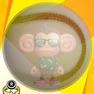 AiAi wearing H sunglasses, a banana print shirt, pink low-cut low-tech sneakers, and in a baseball ball (front view)