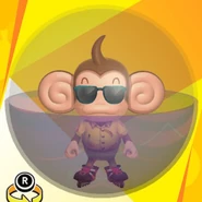 AiAi wearing C sunglasses, a yellow aloha shirt, black roller blades, and in a geometric ball (front view)