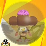 AiAi wearing a pink banana monogram cap, a white baseball uniform shirt, white low-cut high-tech sneakers, and in a khaki camo ball (back view)