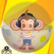 AiAi wearing blue headphones, a red striped shirt, red high-cut high-tech sneakers, and in a dotted ball (front view)