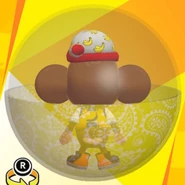 AiAi wearing a red banana monogram night cap, a yellow basketball uniform shirt, black high-cut low-tech sneakers, and in a paisley yellow ball (back view)