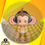 AiAi wearing black headphones, a white & yellow soccer uniform shirt, white high-cut high-tech sneakers, and in a gingham check yellow ball (front view)