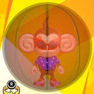 AiAi wearing G sunglasses, a blue polka dot shirt, pink low-cut high-tech sneakers, and in a basketball ball (front view)