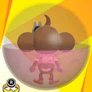 AiAi wearing a fox mask, a pink star shirt, and in a pink banana ball (back view)