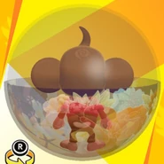 AiAi wearing a white banana mask, a pink star aloha shirt, and in a flowers ball (back view)