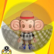 AiAi wearing a straw hat, a white & black soccer uniform shirt, blue high-cut low-tech sneakers, and in a gingham check black ball (front view)