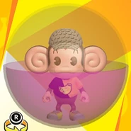 AiAi wearing a beige banana monogram cap, a black and yellow bi-color banana shirt, yellow low-cut low-tech sneakers, and in a purple ball (front view)