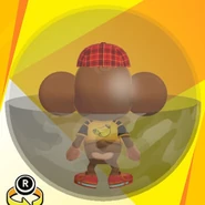AiAi wearing a red checker cap, a yellow baseball uniform shirt, red low-cut high-tech sneakers, and in a grey camo ball (back view)