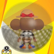 AiAi wearing a straw hat, a white & black soccer uniform shirt, blue high-cut low-tech sneakers, and in a gingham check black ball (back view)