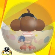 AiAi wearing blue headphones, a red striped shirt, red high-cut high-tech sneakers, and in a dotted ball (back view)