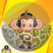 AiAi wearing yellow headphones, a yellow striped shirt, blue high-cut high-tech sneakers, and in a scroll ball (front view)