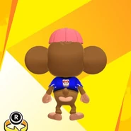 AiAi wearing a pink cap and a blue hannya shirt (back view)